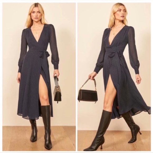 REFORMATION Susanna Polka Dot Print Midi Wrap Dress - Picture 5 of 7